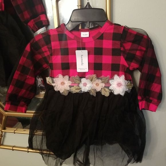 Girls Buffalo Plaid Black & Red Long Sleeve Floral Embroidered Tutu Dress NWT - Picture 2 of 12